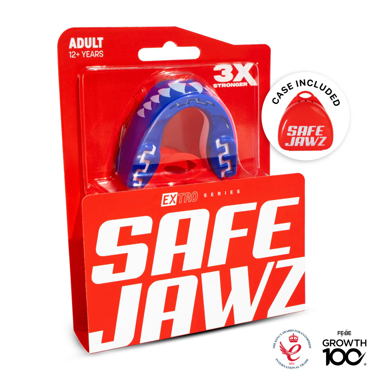 Red and white packaging for the Safejawz Extro Series Protection Mouthguard - Shark displays "ADULT 12+ YEARS" and "3X STRONGER." A blue mouthguard with case is shown, along with branding and award logos on the box.