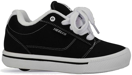 The Heelys Pro 25 Boys Shoes - Black / White by Heelys feature white laces, a white inner lining, and a visible wheel in the heel for smooth walking and rolling with retro-inspired style.