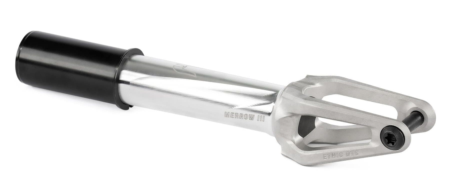 The Ethic Merrow V3 HIC Stunt Scooter Fork in raw silver by Ethic features a hollow, pronged design crafted from 7075 aluminium and is acclaimed as the world's lightest fork.