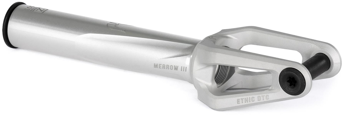 The Ethic DTC Merrow V3 8/12STD SCS Stunt Scooter Fork in raw silver, by Ethic, is displayed at an angle on a white background with "MERROW III" and "ETHIC DTC" engraved on its side.