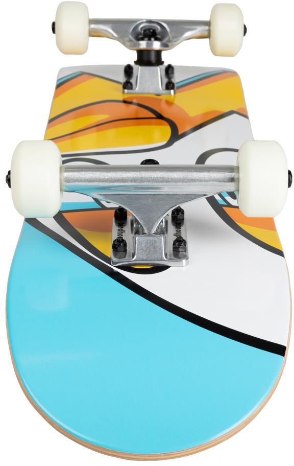 Close-up front view of the Birdhouse Stage 1 Chicken Oversized Complete Skateboard (7.375" x 28.5") with white wheels, metal trucks, and a vibrant blue, orange, and white deck—ideal as a beginner skateboard for kids.