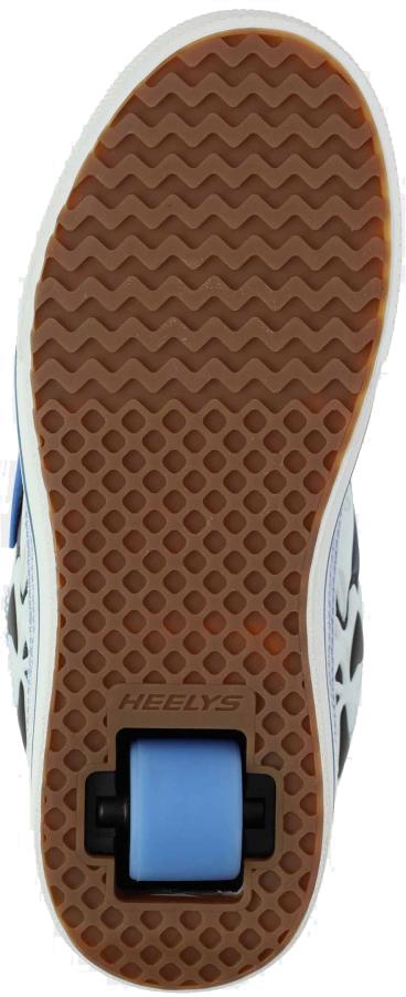 Close-up of the Heelys Pro 25 V2 Prints Boys Shoes - White / Blue by Heelys, showing a brown rubber outsole with a wavy tread and a single blue wheel at the heel for a classic 90s-inspired look.