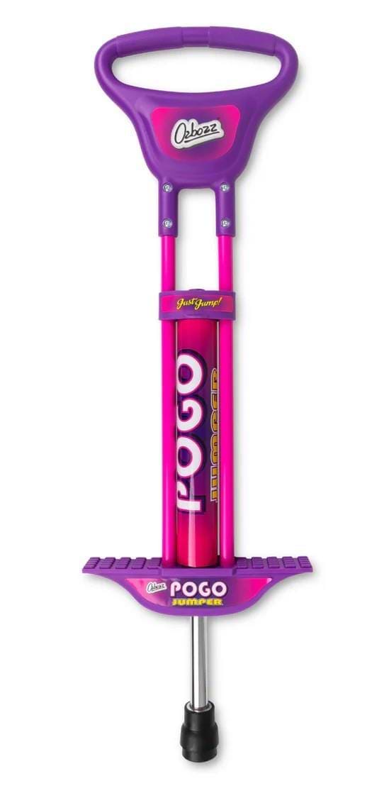 The Ozbozz Kids 89cm Pogo Stick in pink and purple features wide handles, sturdy footrests, and "Pogo Jumper" on the front—great as a child's first pogo stick. The Ozbozz brand appears on the top handle.