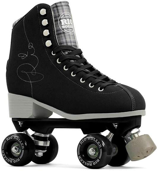 The Rio Roller Signature Quad Roller Skates in black boast white laces, a plaid tongue, a stylish white embroidered side design, and the "Rio Roller" logo on the wheels and tongue. Vegan-friendly, they feature a white heel and gray stopper for flawless style.
