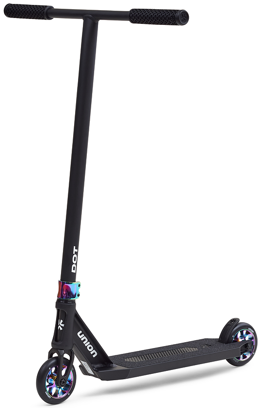 The Union Dot Complete Stunt Scooter - Black / Neochrome features vibrant neochrome metal accents, a straight handlebar, and "Union" branding—ideal for tricks and smooth city rides as a lightweight street scooter.