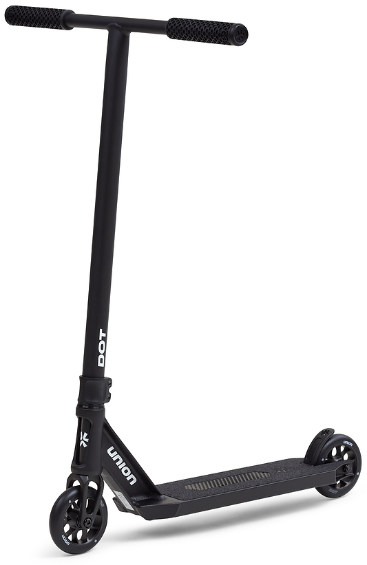 The Union Dot Complete Stunt Scooter - Black features a lightweight frame, two small wheels, straight handlebar with textured grips, and "DOT" and "UNION" branding. The scooter is shown angled to display both the deck and handlebars.