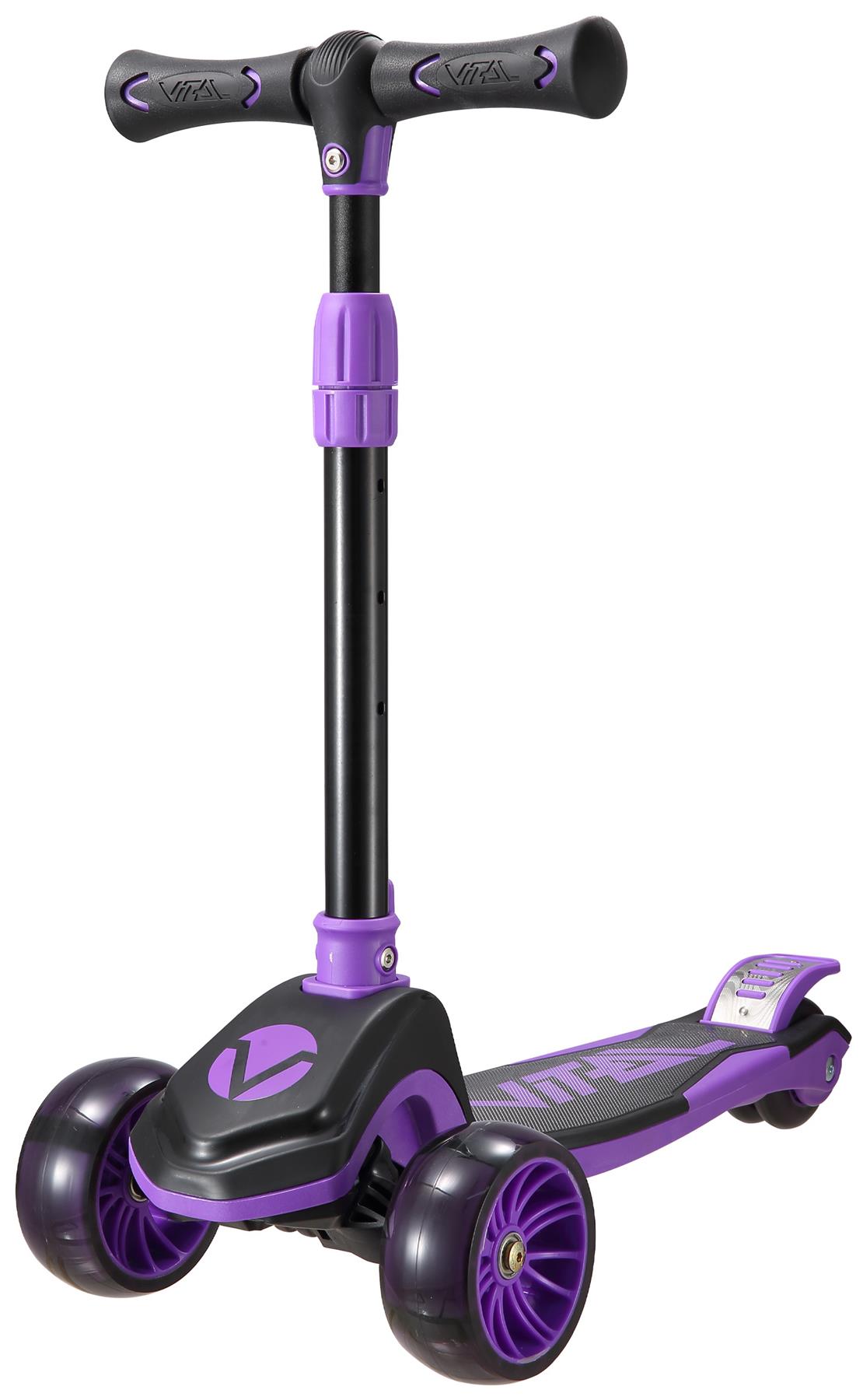 The Vital Tyke 3 Wheel Kids Scooter - Purple by Vital features a sporty design with two front wheels, a wide foot deck, and adjustable handlebar—ideal as a first scooter for children.