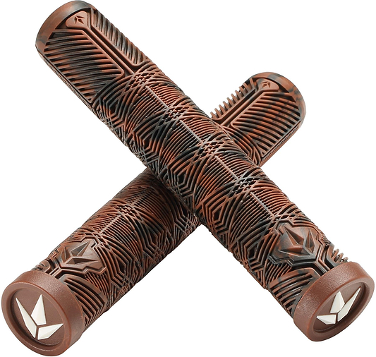 Upgrade your ride with Blunt Envy V3 Chocolate / Black Stunt Scooter Grips—160mm textured grips with geometric patterns and white end cap emblems, perfect for adding style and control to your scooter.