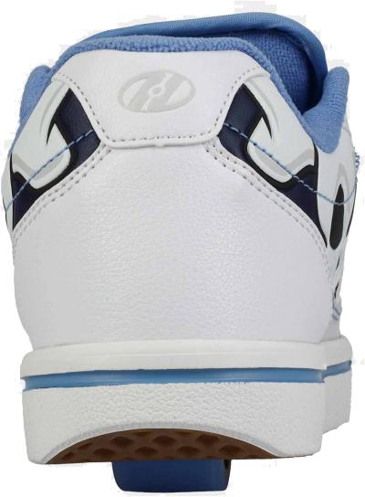 Rear view of the Heelys Pro 25 V2 Prints Boys Shoes by Heelys in white and blue, featuring black details, blue lining, a tan sole with blue stripe, and a circular logo on the heel tab for retro 90s style.