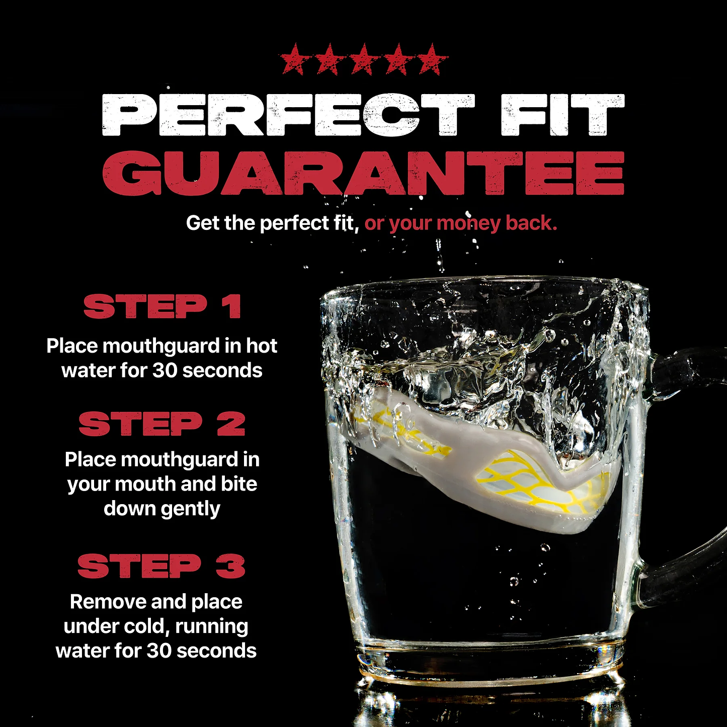 A glass mug filled with water and a Safejawz Nitro Series Protection Mouthguard (Grey/Yellow) soaking inside.