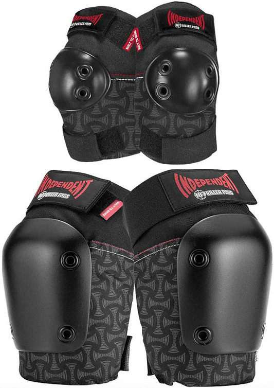 The 187 x Independent Killer Adult Combo Knee & Elbow Pad Set in black features hard plastic caps, adjustable straps, and bold red Independent logos—offering stylish, durable protection for adult skateboarders.