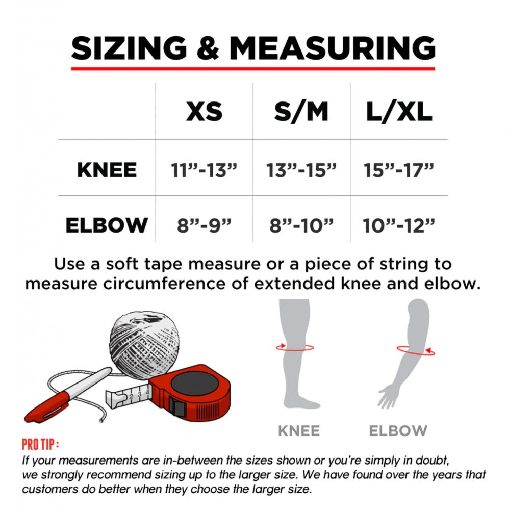 Sizing guide for 187 x Independent Killer Adult Combo Knee & Elbow Pad Set - Black: sizes XS, S/M, L/XL fit knee (11"-17") and elbow (8"-12") circumferences; see illustrations for measuring with a tape or string.