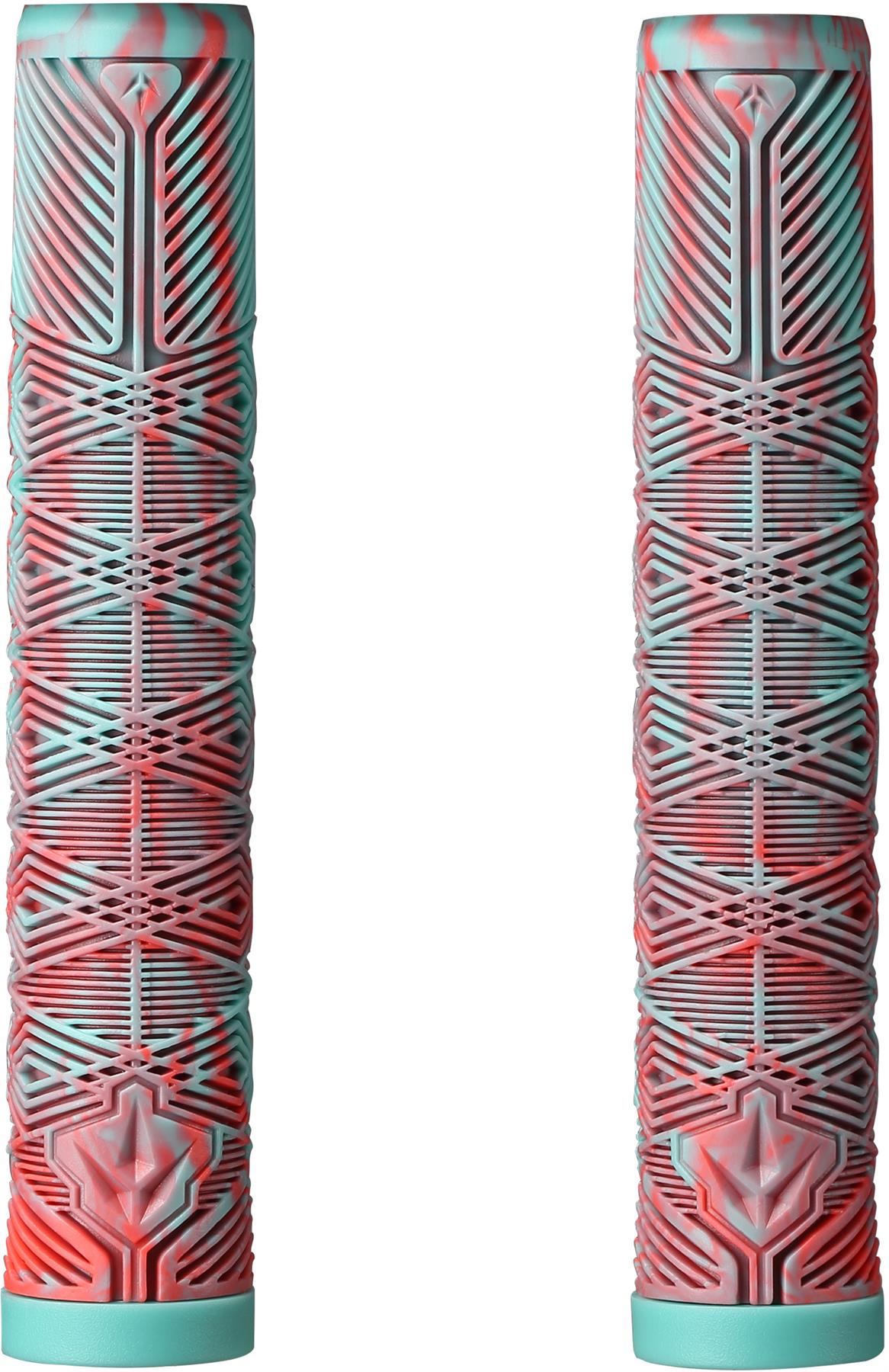 Two cylindrical Blunt Envy V3 Blue / Red Stunt Scooter Grips (160mm) with a textured geometric pattern stand upright side by side on a white background—ideal for stunt scooter customization.