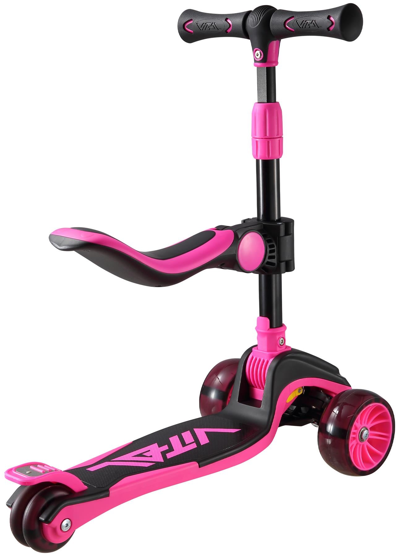 The Vital Tyke 3 Wheel Kids Scooter by Vital features a pink and black design, an adjustable handlebar and seat, plus sturdy wheels for stability—making it the perfect first scooter for kids.