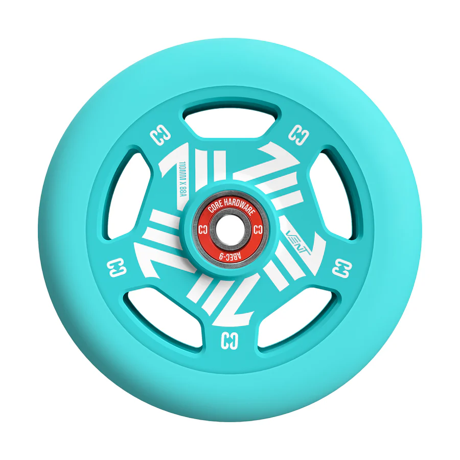 The CORE Vent 110mm Stunt Scooter Wheel by CORE features a mint blue, lightweight design with five black spokes, white geometric accents, a red core, and modern hollow core styling for a sporty look.