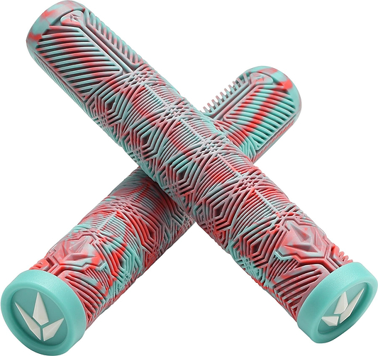 Two Blunt Envy V3 Blue/Red Stunt Scooter Grips (160mm) with a textured geometric pattern and branded blue end caps, crossed on a white background. Ideal as stunt scooter accessories from Blunt Envy.