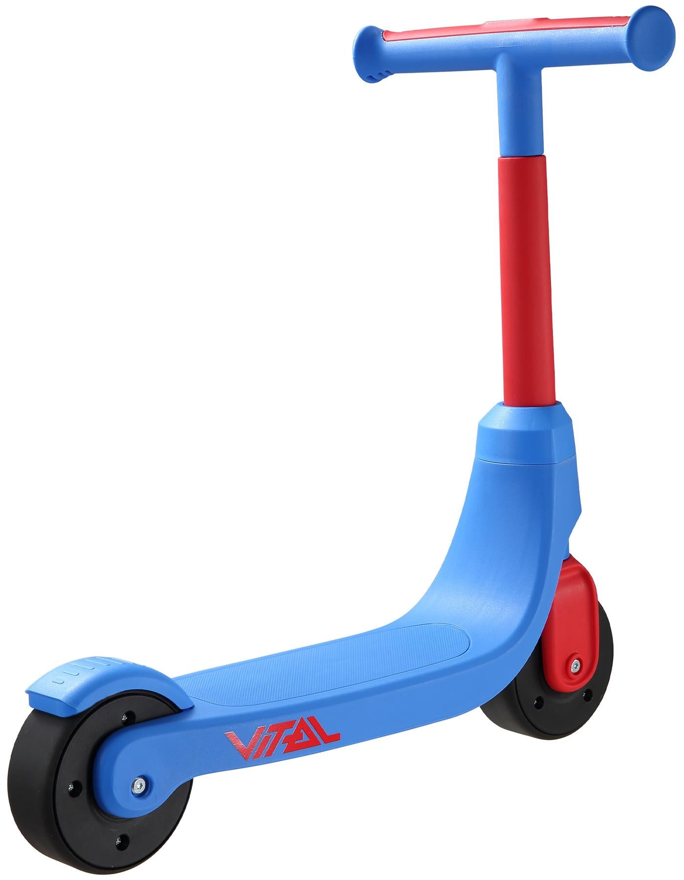 The Vital First Kids Scooter - Red/Blue features a wide base, two large black wheels, and "VITAL" in red on the side. This sturdy 2-wheel design is perfect as a toddler scooter.
