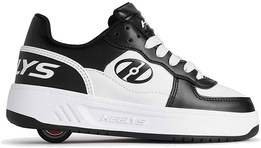 The Heelys Rezerve Low Boys Shoes in black and white feature a single wheel in the heel, beginner-friendly design, ABEC 5 bearings, white laces, and Heelys logos on the side and back.