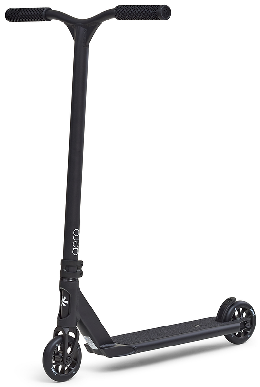 The Union Aero Complete Stunt Scooter in black by Union features a T-bar handle, small wheels, and a textured deck—ideal as a lightweight scooter for beginners. Shown on a plain white background.