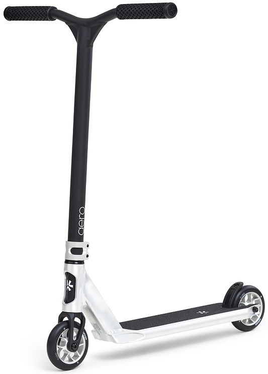 The Union Aero Complete Stunt Scooter - Black / Raw by Union features a black and silver design, T-shaped handlebar with black grips, small black wheels, and a lightweight silver deck with black grip—ideal for new riders. Shown on a white background.
