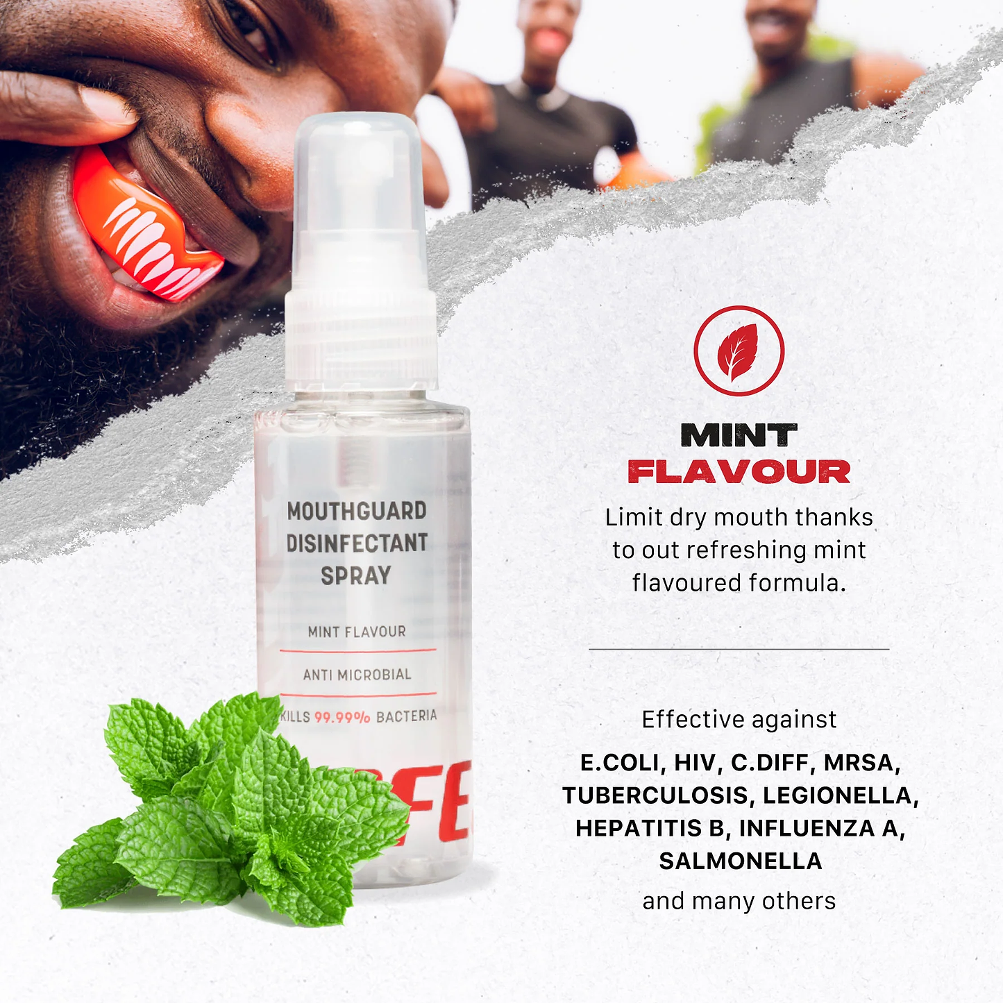 A man inserts a mouthguard as Safejawz Mouthguard Disinfectant 50ml Spray - Mint is shown. Text highlights its antibacterial and antiviral effectiveness, promoting sports hygiene with a refreshing mint formula. Fresh mint leaves sit beside the bottle.