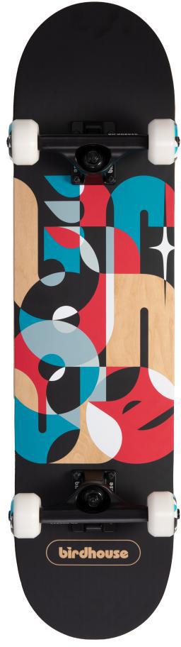 The Birdhouse Stage 3 Overlay Logo Complete Skateboard (7.75" x 31") features white wheels and a black Canadian Maple deck with a colorful abstract geometric design in blue, red, white, and wood tones. "Birdhouse" is printed near the tail of the deck.