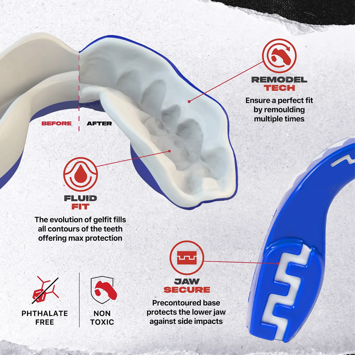 The Safejawz Extro Series Protection Mouthguard - Shark by Safejawz is a blue and white sports guard featuring "Remodel Tech" for remolding, "Fluid Fit" for hi-impact protection, and "Jaw Secure" for jaw safety. Phthalate free and non-toxic.