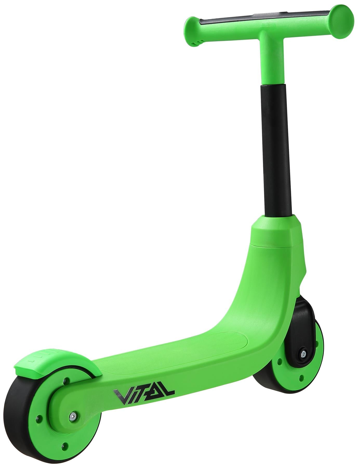 The Vital First Kids Scooter in green and black features three wheels, a black handlebar, and "Vital" branding on the deck. The toddler scooter is shown against a white background.