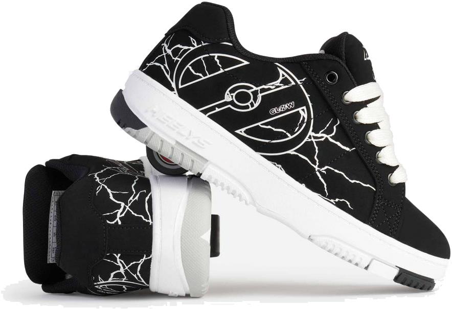 A pair of Heelys Kolect Glow Boys Shoes in black/white by Heelys, featuring white cracking patterns, white soles and laces. One stands upright; the other on its side shows the detachable heel wheel—ideal for kids who love wheel shoes.