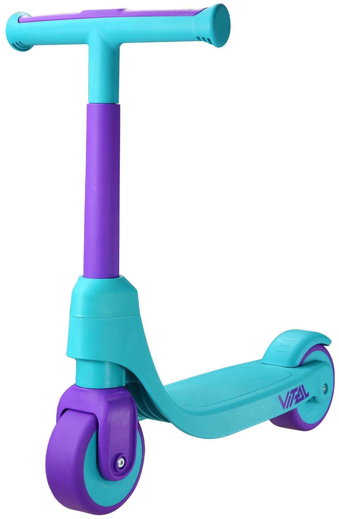 The Vital First Kids Scooter - Teal / Purple features three wheels, a wide base, and sturdy handlebars—making it perfect for young riders seeking a safe and fun toddler scooter experience.