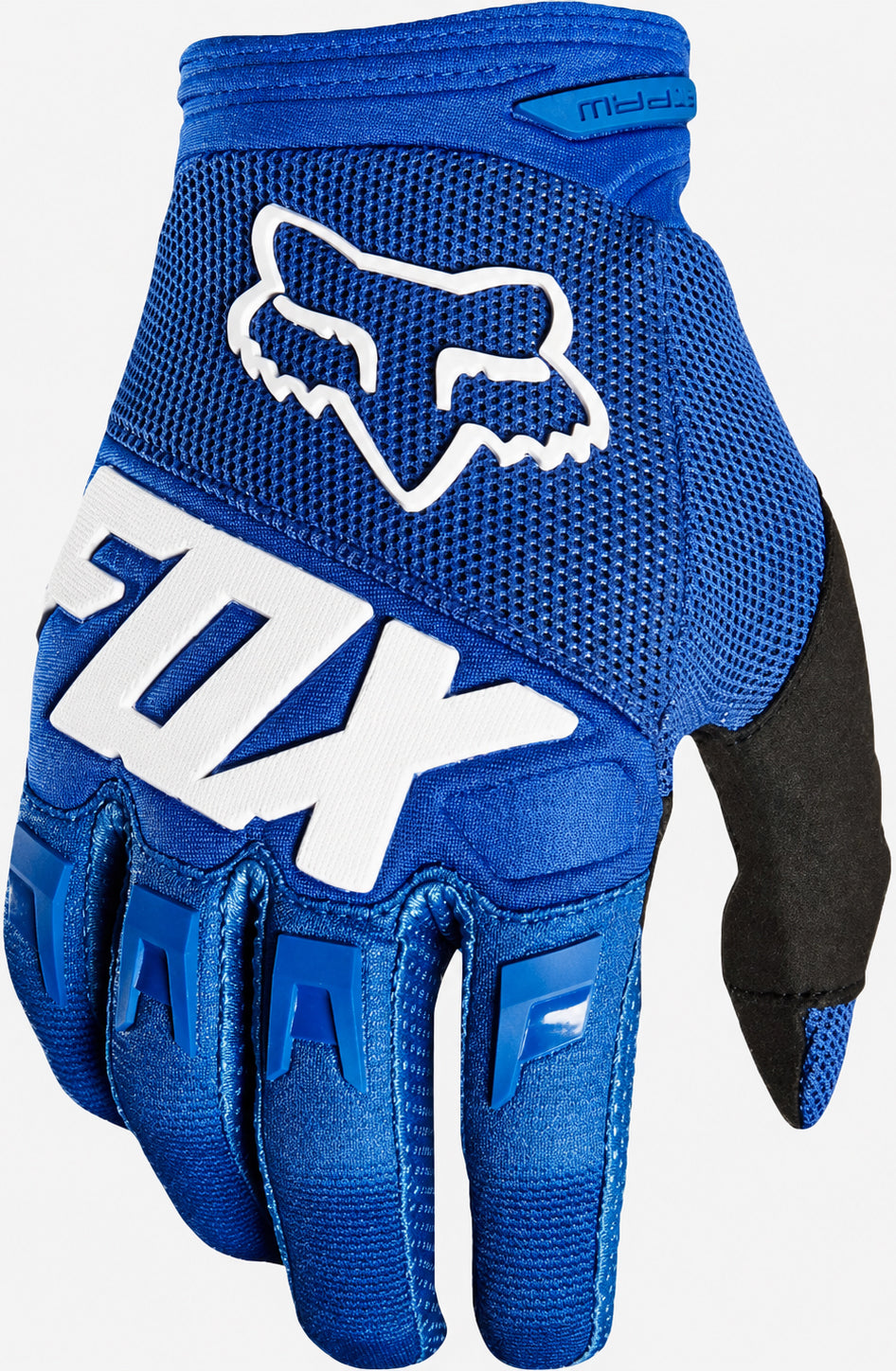 The FOX Dirtpaw Skate Protection Gloves - Blue feature black and white accents, a white FOX logo on the back, raised blue lettering on the fingers, and armoured knuckle coverage for extra protection.