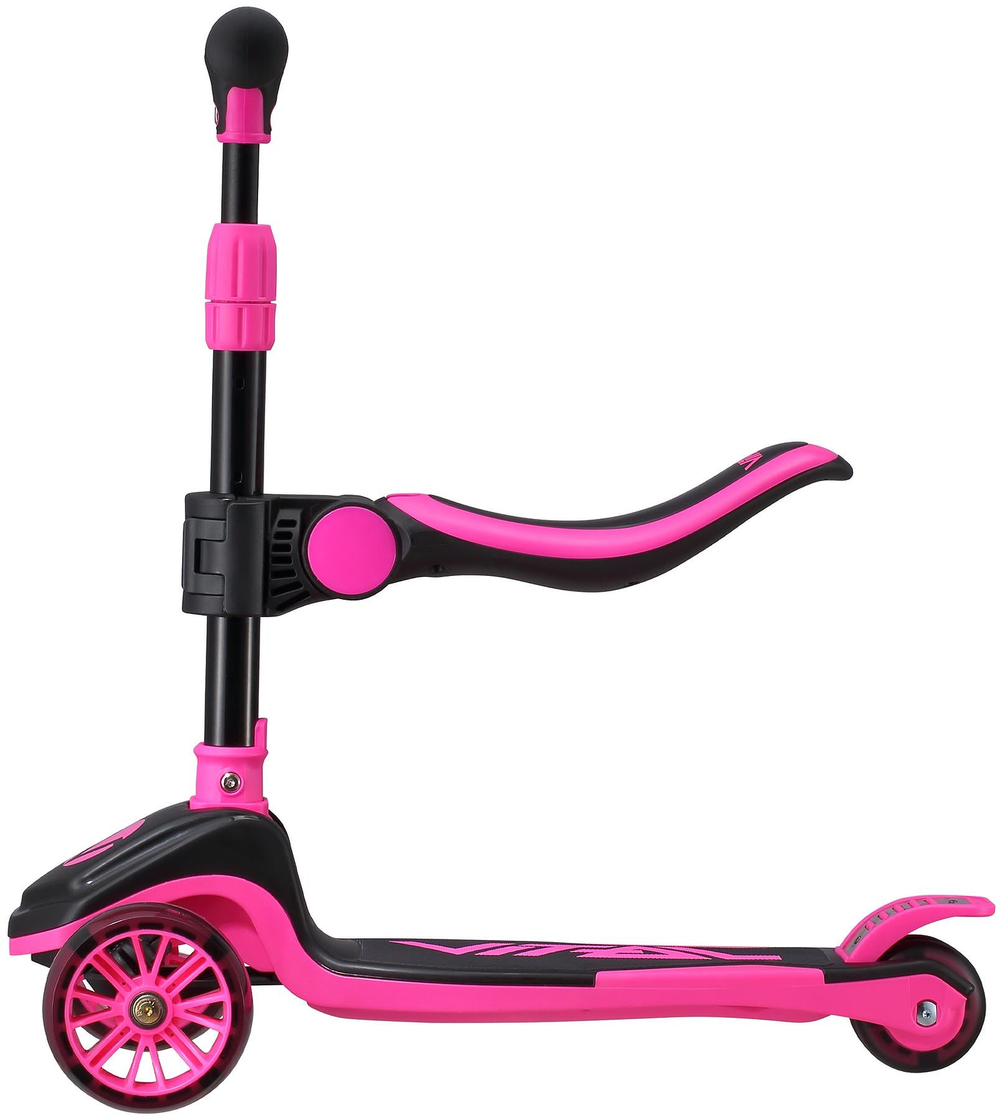 The Vital Tyke 3 Wheel Kids Scooter - Pink by Vital features a foldable seat, adjustable handlebar, and wide footboard—ideal as a first scooter for kids to build balance and confidence.