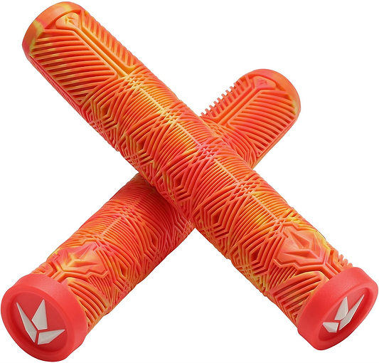 Two Blunt Envy V3 Orange/Red 160mm Stunt Scooter Grips are crossed, each featuring textured orange and yellow patterns with a red end cap displaying the white Blunt Envy logo.