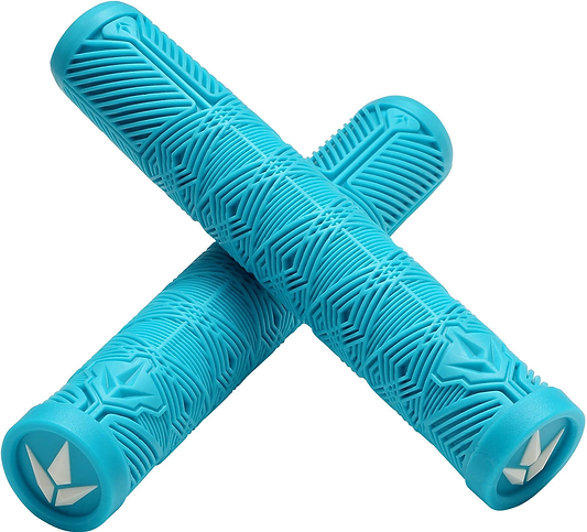 Two teal Blunt Envy V3 Stunt Scooter Grips (160mm) with textured geometric patterns and white logo end caps are crossed, making them the perfect accessory for any stunt scooter setup.