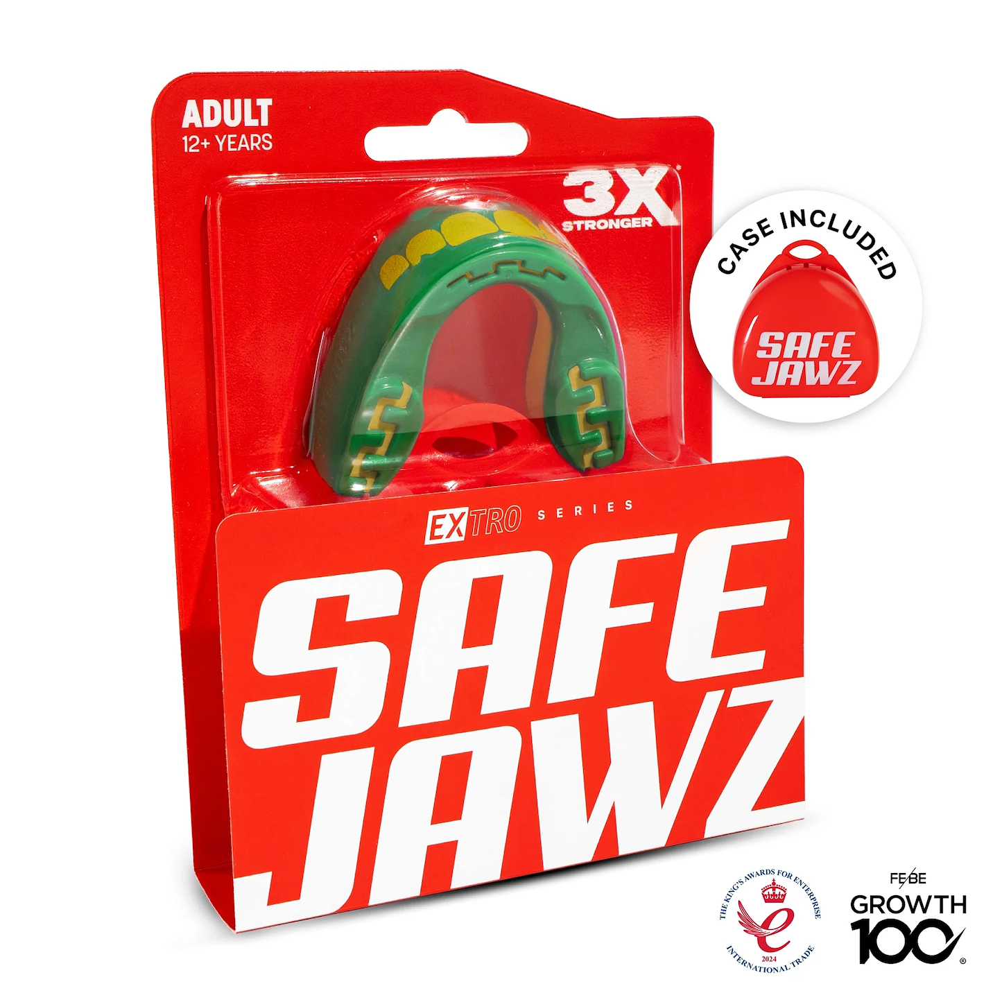 A red package displays the Safejawz Extro Series Protection Mouthguard - Ogre for adults in green and yellow, featuring "3X Stronger," "Case Included," SAFEJAWZ branding, and award logos.