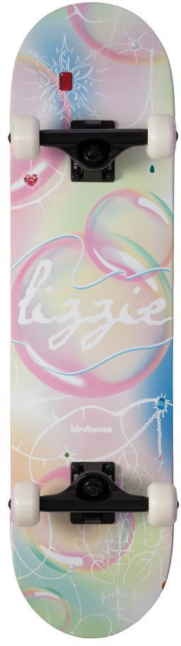The Birdhouse Stage 3 Armanto Bubbles Complete Skateboard (8" x 31.5") features a pastel deck with bubble patterns, "lizzie" in bold cursive, white wheels, and the Birdhouse logo near the bottom. Made from durable Canadian Maple—great for beginners.
