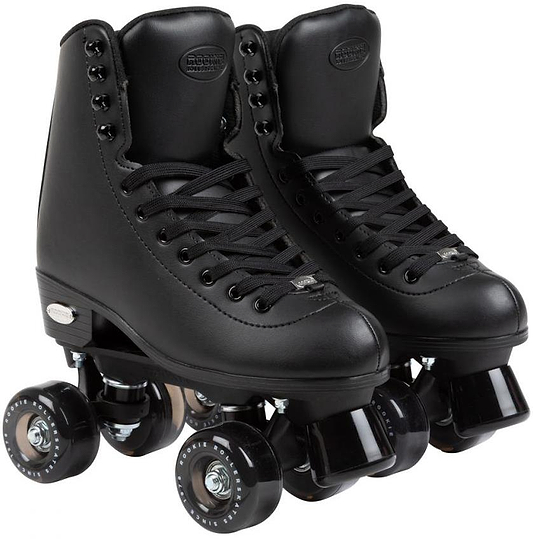 A pair of Rookie Classic 78 Quad Roller Skates - Black by Rookie, featuring lace-up boots and four wheels each, displayed side by side on a white background.