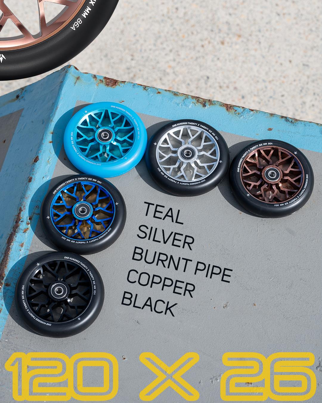 The Blunt Envy Sector 120mm Stunt Scooter Wheel in copper is shown among six wheels on concrete, with each color labeled in black text. "120 x 26" appears in bold yellow at the bottom.