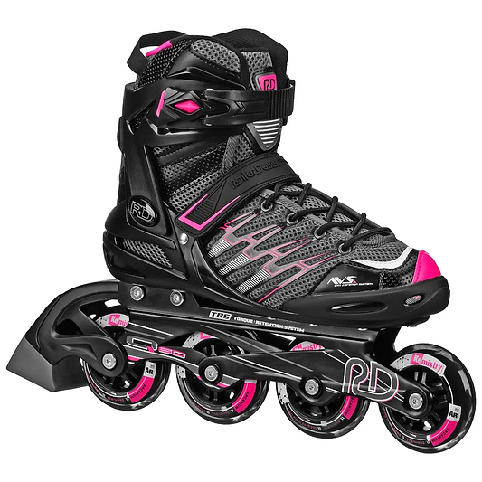 The Roller Derby Aerio V2 Q-60 Womens Inline Skates in Black/Pink feature mesh and hard plastic, elite speed wheels, and an adjustable ankle strap—ideal for recreational skating.