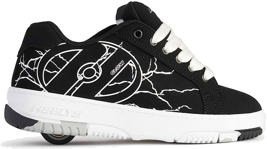 The Heelys Kolect Glow Boys Shoes in Black/White feature white laces, a glowing Deadpool logo with lightning design, and a visible wheel in the heel for kids' rolling fun. Brand: Heelys.