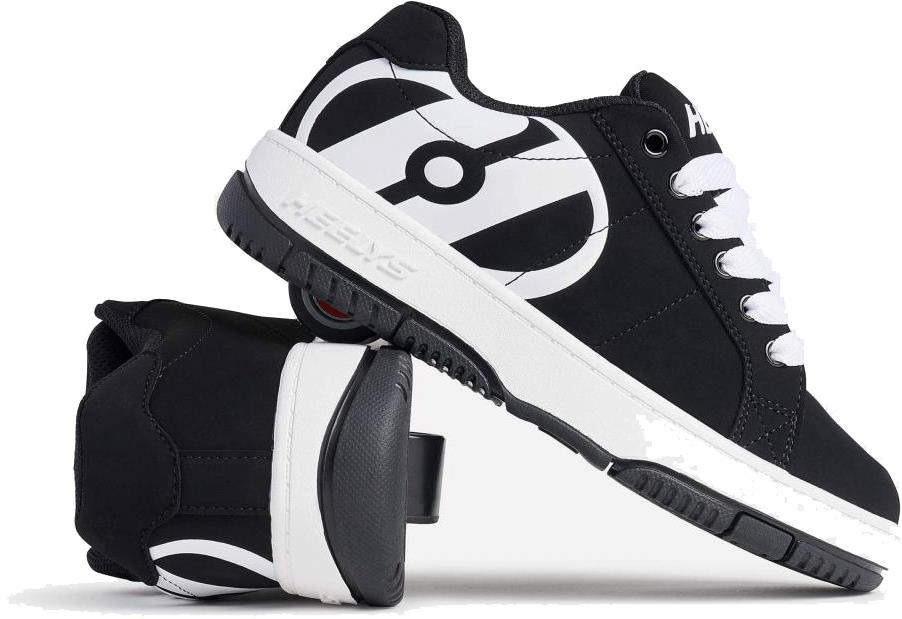 The Heelys Kolect Boys Shoes by Heelys feature a black and white design, white laces, a bold graphic side detail, and smooth wheels with ABEC 5 bearings—one shoe upright, the other displaying its heel-embedded wheel.
