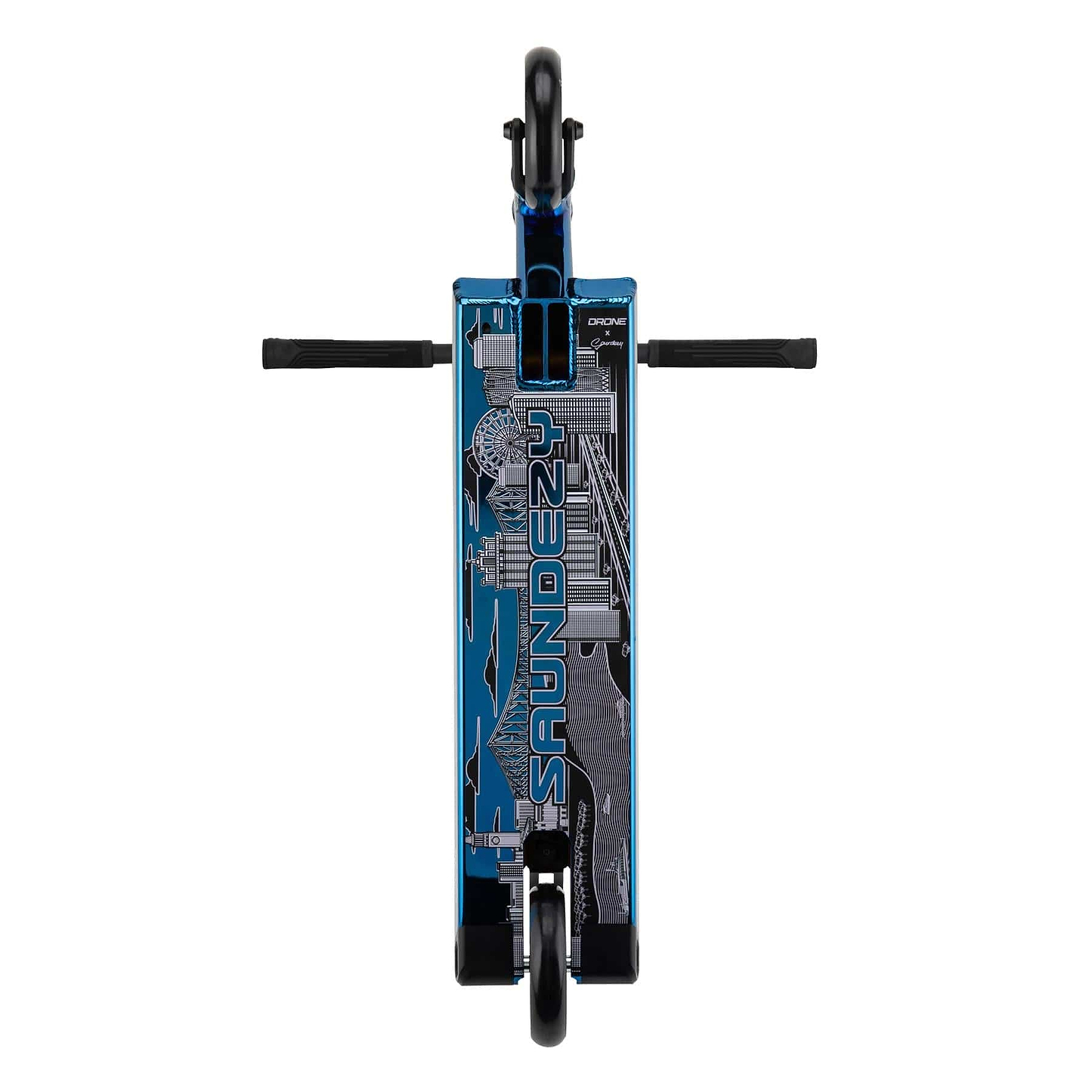 Top view of the blue chrome Drone Element 'Saundezy' Signature Complete Stunt Scooter featuring geometric patterns, dual core wheels, and horizontally extending handlebars on its signature deck.