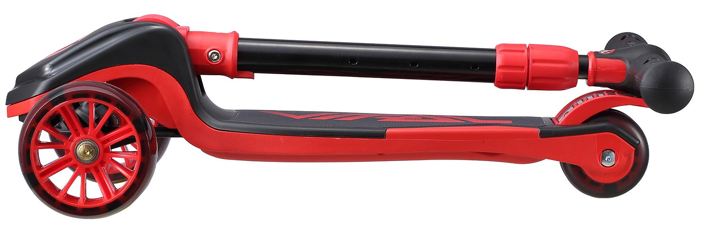 The Vital Tyke 3 Wheel Kids Scooter - Red by Vital is shown folded flat in a side profile, highlighting its two large front wheels and one smaller rear wheel.