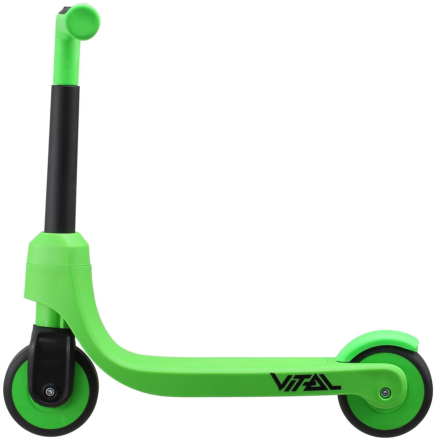 The Vital First Kids Scooter - Green / Black by Vital features an upright handlebar, two black wheels, and "VITAL" printed in black on the side of the deck. The kids scooter appears in profile against a white background.
