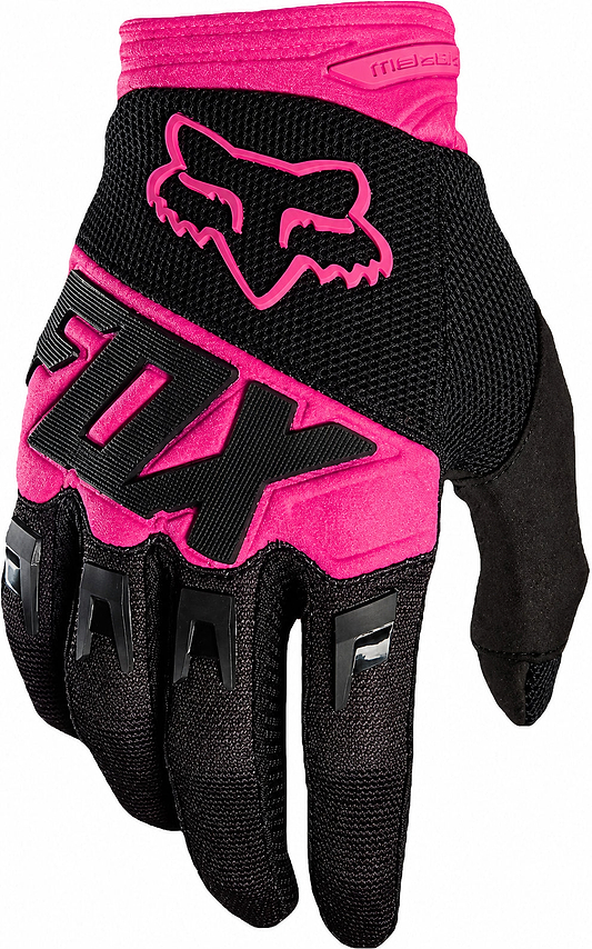 The FOX Dirtpaw Skate Protection Gloves in Black/Pink feature the FOX logo on the back, bold "FOX" lettering, touchscreen compatibility, and armored knuckle coverage for extra protection.
