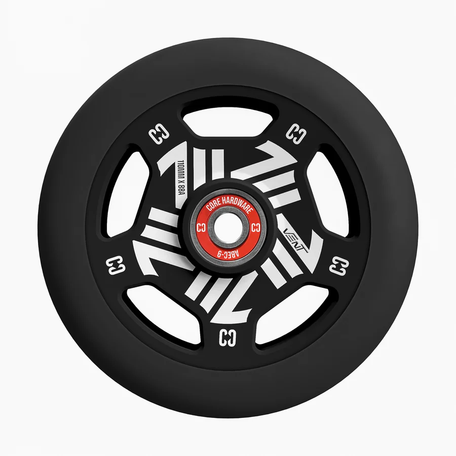 The CORE Vent 110mm Stunt Scooter Wheel - Black features a lightweight, five-spoke white and silver metal core, red “C3 Core Hardware” bearing, modern angular design, and “110MM 88A” text. Brand: CORE.