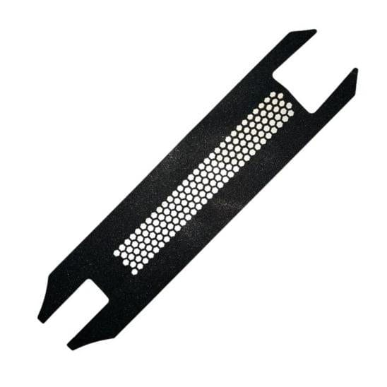 The Root Industries Invictus V2 Stunt Scooter Griptape - Honeycore, featuring a black metal grille cover with a rectangular shape and a row of perforated hexagonal holes, pairs perfectly with Root Industries Griptape for superior grip.