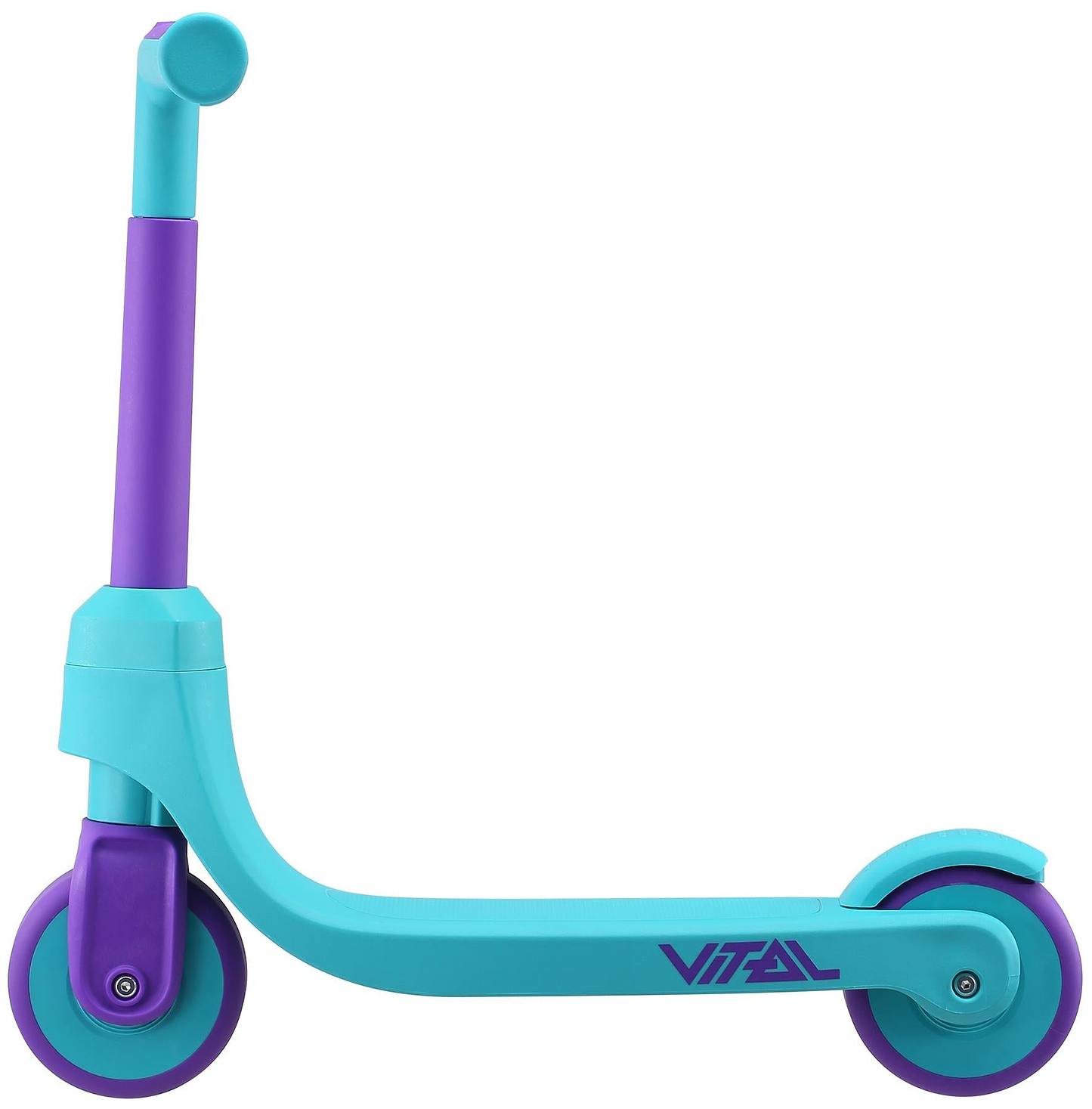 The Vital First Kids Scooter in teal and purple features two wheels, a low deck, and purple handlebars and wheels. "VITAL" is printed on the side—perfect as a first 2-wheel scooter for kids.