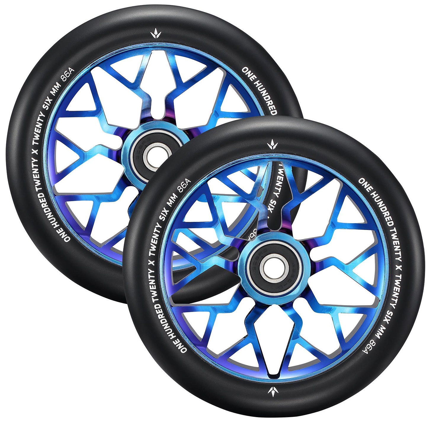 Two black Blunt Envy Sector 120mm Stunt Scooter Wheels - Burnt Pipe with blue and silver geometric metal spokes, overlapping. Size: 120 x 24 mm 86A.