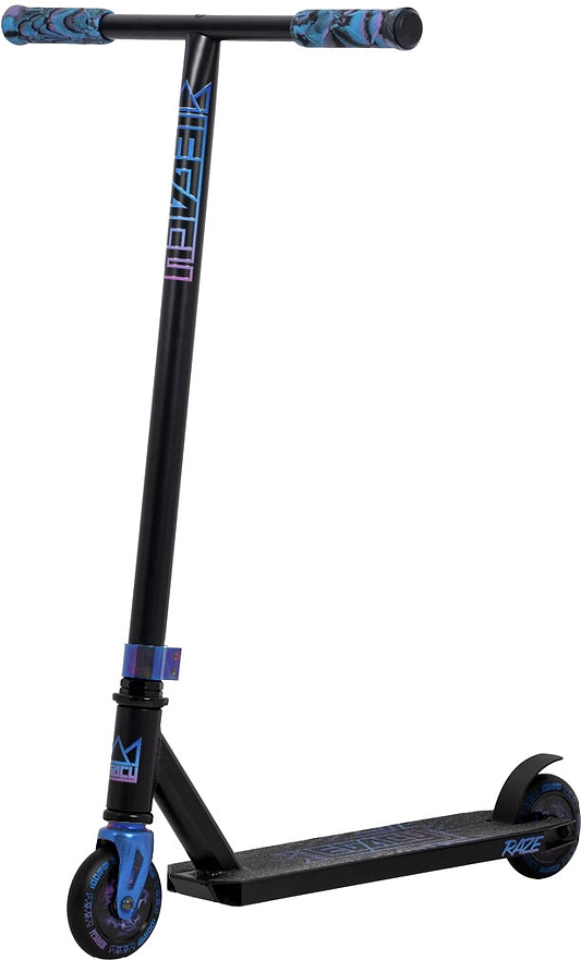The Legacy Raze Complete Stunt Scooter - Blue Ray / Black features blue patterned grips, purple accents, small wheels, and a rectangular deck. "FUZION" is printed on the upright bar. Perfect for performing tricks at the skatepark.
